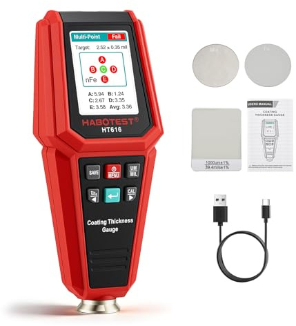 Spessimetro per Vernice Auto, Misuratore Digitale con Grafico a Barre, Schermo a Colori Retroilluminato 4 Vie, Allarme di Soglia, Sonda Fe/NFe