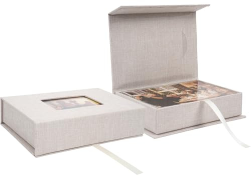 Hiwhy Foto Aufbewahrungsbox 17,5×12 cm mit Sichtfenster, Leinen Fotobox für Bilder, Erinnerungsbox für Fotos, Urkunden, Scrapbooking-Zubehör, Andenken und Schmuck, Beige