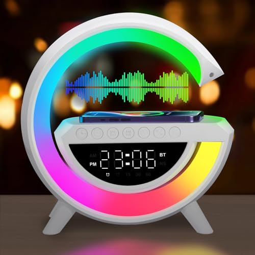 XUNIVERS Lampada da Comodino con Funzione di Ricarica,Intelligent Atmosphere Lamp,Sveglia con Ricarica Wireless,Altoparlante Bluetooth,Luce Notturna Dimmerabile,Alta Qualità del Suono,Controllo APP
