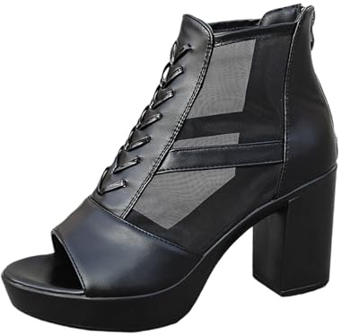 Sandalias Peep-Toe para mujer con tacón de bloque blanco y cordones en el tobillo, zapatos casuales de tacón alto con parte superior de encaje y cordones corsé | Zapato elegante para salir, Estilo U01