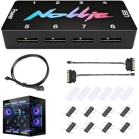 ARGB-styrenhet, HOVCEH 5 V, 3-stifts ARGB-styrenhet, fläkthubb, PC-fläktar med 2 SATA-strömförsörjningsportar och 8 portar, RISC-V-kärnprocessor, kompatibel med SignalRGB och OpenRGB