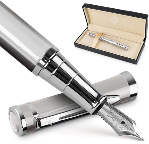 Wordsworth & Black Füllfederhalter-Set, mittelgroße Schreibfeder, enthält 24 Tintenpatronen und Tintennachfüll-Konverter, Geschenketui, Tagebucheintrag, Kalligrafie, gleichmäßige [Silber-Chrom]
