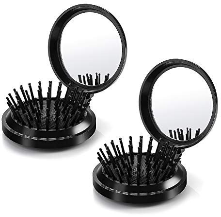 2 Stück Klappbar Reisespiegel Haarbürste mit Spiegel für Damen Frauen Mädchen,Mini Rund Klapp Pockete Haarbürsten Klein Tasche Schwarz Haarkamm Kompakte Kamm kämme klammer Hair Comb Bürste für Reise