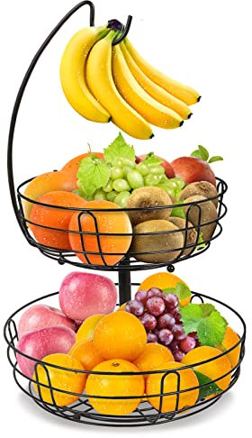 Bomclap Corbeille à fruits à 2 étages en fil métallique avec support pour bananes, corbeille à fruits contemporaine, noire