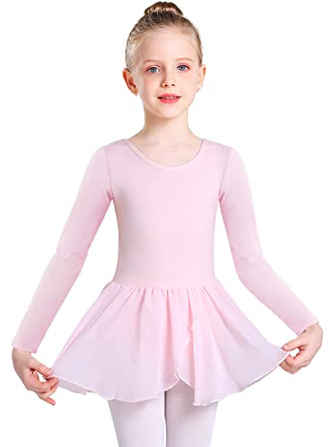 Ballet Leotard for Girls Long Sleeve Cross Straps Ballet Dress Kids Cotton Ballet Outfit Gymnastics Leotard with Chiffon Skirt Suit for 2-11 Years (Pink (Long Sleeve), 150 (140-150cm,9-11 Years))