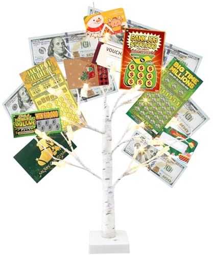 Vanthylit Money Tree Gift Holder, Lighted Tabletop Birch Tree with Clips and Greeting Cards, Photo Decorations for Birthday Wedding Christmas Graduation Gifts(24 LED Warm White)