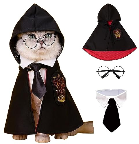 ANIAC Costume per Halloween per cani, gatti, mago, mantello, occhiali e cravatta, set di 3 pezzi, per Halloween, mago, cosplay, per gattino, gatto, cane di piccola taglia (L, nero)