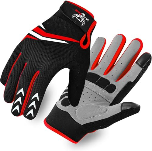 BEAST RAGE Full Finger Cycling Gloves with Padding for Men Women, Anti-Slip, Shock Absorbing, Breathable, Touchscreen Mountain Bike Gloves for BMX, MTB Riding, Road Racing, Bicycle, (XL, RED)