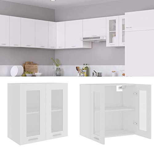 Mobile Pensile in Vetro, Salvaspazio con 2 Ripiani, 60x31x60 cm, in Legno Multistrato Bianco, Mobile da Cucina e Soggiorno