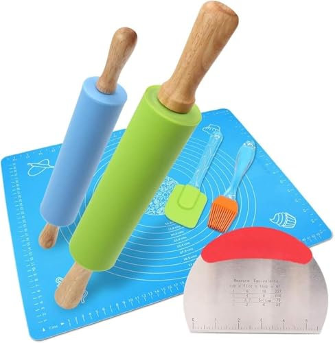 1Set Rolling Pin Pastry Mat Set Non-Stick 6 in 1 Dough Roller Baking Kit with Pastry Cutter Reusable Kneading Mat Scraper Basting Brush