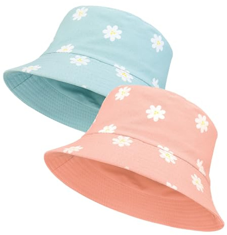 Partideal 2Pack Bucket Hat Women,Reversible Cotton Fisherman Hat Beach Sun Foldable Double-Sided Bucket Hats Daisies Print Aesthetic Cap for Women Teens Traveling Outdoor Blue,Pink