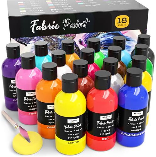 Nicpro 18 Farben Permanente Textilfarbe(250 ml/Flasche) – Sanfte Stofffarbe für Kleidung, ungiftige Stoffmalfarben Waschfest für Stoff, Bastelarbeiten, T-Shirts, Schuhe, Jeans, Taschen, Leinwand