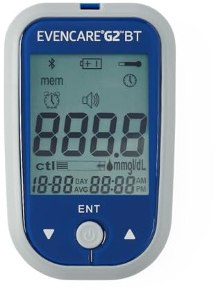 Medline EvenCare G2 Blood Glucose Monitoring Meter with Bluetooth Connectivity Starter Kit with Reusable Lancing Device, 10 Lancets, 10 Test Strips, User's Guide, and Carrying Case