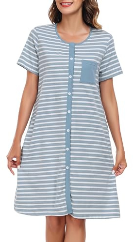 Lovasy Camicia da Notte in Cotone Donna Camicia da Notte Manica Corta a Righe Scollo a V Sexy Sottoveste Curvy con Bottoni Davanti Abito da Notte Estiva con Tasche A Blu Chiaro XXL