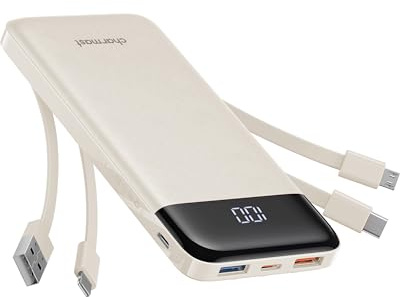 charmast Portable Charger with Built in Cables, Power Bank with Cords Wires, Slim 10000mAh Travel Battery Pack 6 Outputs 3 Inputs 3A Fast Charging for Samsung Google Pixel LG Moto iPhone iPad