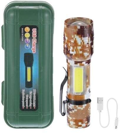 PATIKIL Skalbar LED-ficklampa, 3 lägen med hög lumen LED-ficklampa aluminium vitt ljus ficklampa USB uppladdningsbar för vandring camping, kamouflage brun