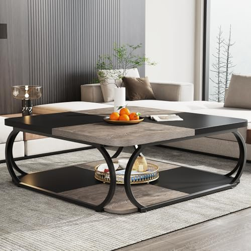 Tribesigns Mesa de Centro Cuadrada de Salón, 100 x 100 x 50 cm, Mesa de sofá de Madera con Estructura de Acero y estantes, Diseño Industrial, Gris
