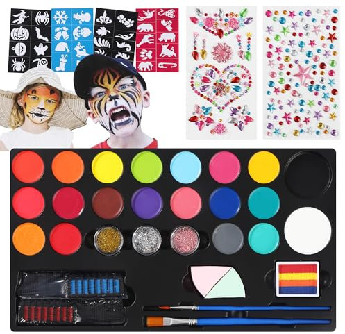 20 farbiges Kinderschminke Set,Kinderschminken Set,Schminke Kinder, mit Schablonen, Strasssteinen und professionellen Pinseln, geeignet für Halloween, Karnevalsschminken