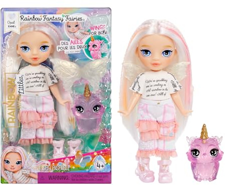 Rainbow High Littles Rainbow Fantasy Fairies & Pet - Opal, Rainbow - 14cm Posable Small Doll & Fantasy Owl Pet with Interchangeable Fairy Wings, Cute Present for Children 4+