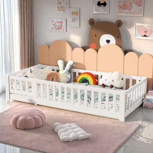 JOROBURO Dubbelstorlek barnsäng, golvsäng i full storlek med lameller, dubbel storlek golvsängram med säkerhetsgrind och dörr, inget behov av en sängbotten