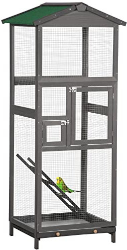 PawHut Gabbia per Uccelli in Legno di Abete e Rete Metallica, Voliera per Uccelli da Esterno con 2 Porte, Tetto in Asfalto e Vassoio Estraibile, 68x63x165 cm, Grigio Chiaro
