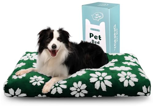 Yaning Dog Beds for Large Dogs, Cute Thick Dog Bed for Crate Kennel, Fluffy Pet Bed with Removable Washable Cover and Anti-Slip Bottom, 89x56x10cm, Green Flower