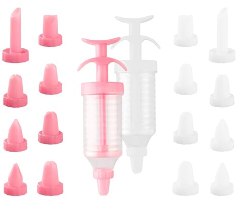 Tabanzhe Icing Syringe and Nozzles Set 2 Sets Cake Decorating with 2PCS Icing Syringe 14pcs Plastic Piping Nozzle Dessert Decorator Piping Cream Tool for Cupcakes Cookies DIY Baking