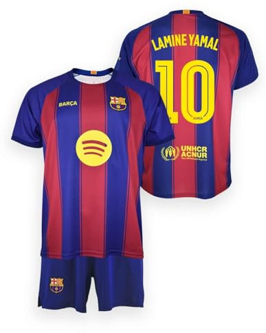 FCB FC Barcelona KIT BAMBINO LAMINE YAMAL 1ª Equipaggiamento 25/26 Replica Ufficiale - Set Bambino con Nome e Numero, Rosso e blu, 10 anni