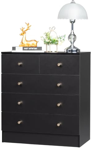 LEADZM Commode à 5 tiroirs, Meuble Rangement, Commode Chambre, Armoire à tiroirs 66 x 33 x 73cm, Noir