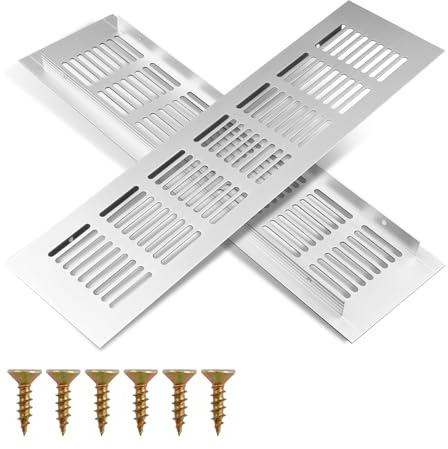 2 griglie di ventilazione in alluminio, colore bianco, 80 x 200 mm, griglia di ventilazione per porta, armadio e frigorifero, griglia di ventilazione rettangolare con fori a vite