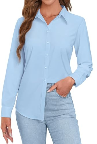 Rapbin Womens Blouse Long Sleeve Tops for Women UK Dress Shirts Button Down Wrinkle Free Work Fitted Shirt Executive Work Office Casual Top Blue XS