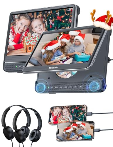 GOnavidio 12 DVD Player Auto 2 Bildschirme mit 1080P HDMI-Eingang, Tragbarer Fernseher Kopfstütze 2 Monitore für Kinder Unterstützt Letzter Speicher, Regionsfrei, AV In/Out, USB-SD-Karte