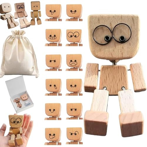 NNBWLMAEE Statuetta di uomo in legno agitante, figura in legno con gambe tremolanti, uomo di legno che scuote per auto, affascinante piccola figura in legno che ondeggia con 12 espressioni magnetiche