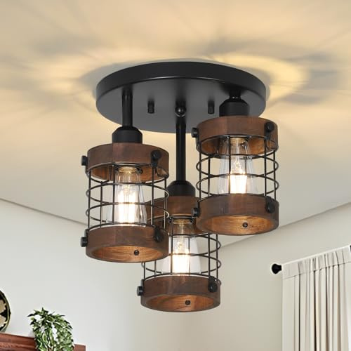 Rayofly Farmhouse Wood Ceiling Light, 3-Light Vintage Ceiling Lights Living Room, Rustic Kitchen Lights Ceiling, Semi Flush Light Fixtures with Wooden Lampshade, Black Chandelier for Bedroom, Hallway