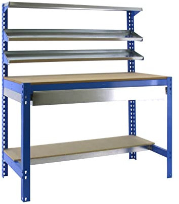 Simon Rack Banco de Trabajo Taller, Capacidad Carga 600 kg, 1445x1210x610 mm, Mesa de Trabajo, 1 Cajón, Azul/Madera - BT1