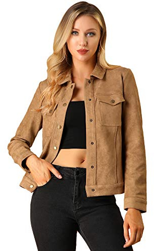 Allegra K Women's Turn-Down Collar Flap Pockets Snap Button Faux Suede Jacket Small Brown