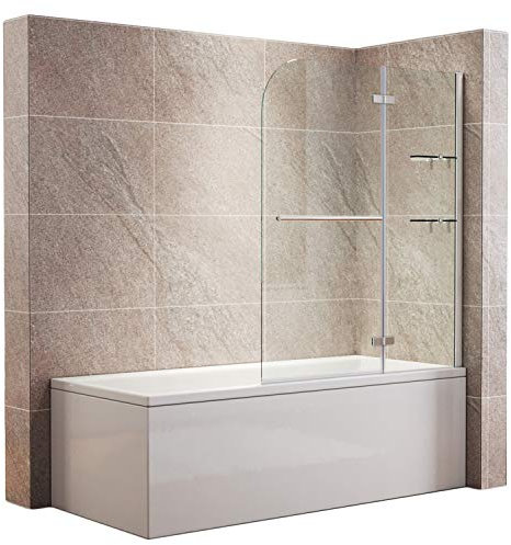 Elegant Paroi de douche pour baignoire 120 x 140 cm (l x h) avec porte-serviettes + étagère d'angle, paroi de douche (120 x 140 (l x h) cm, verre transparent)