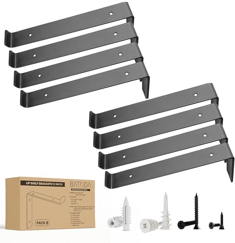 BATODA 12” Shelf Brackets with Lip (Match 11.25 Board) - 8 Pcs Z Shelf Bracket Black - Heavy Duty Hook Brackets for Shelves - Wall Mounted Support for DIY - Shelving Hardware Included (Pack 8)