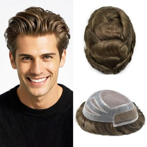 Durable Hair System for Men French Lace Front Mens Toupee Hairpieces Natural Hairline Fine Mono Hair Toupee for Men 8x10 120% Light to Medium Density #5 Medium Light Brown