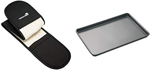 KitchenCraft Master Class Deluxe Double Oven Glove, Cotton, Black & Master Class Large Non-Stick Baking Tray, 39 x 27 cm