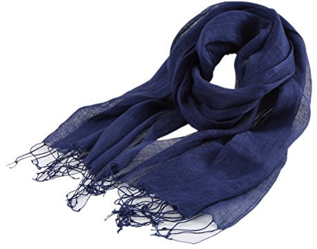 Prettystern Einfarbiger Damen Herren 100% Leinen Frühling Sommer Fransen Schal T27 Dunkel-blau