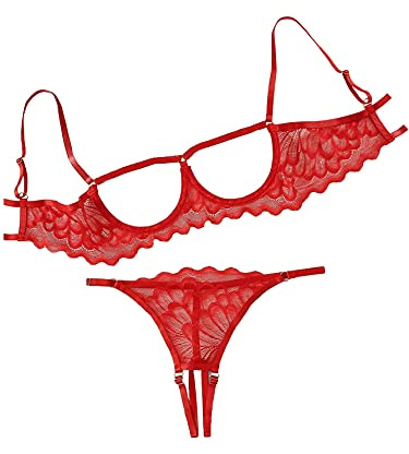 Lilosy Women's Sexy Underwire Floral Lace Sheer Bachelorette Lingerie Set See Through Bra and Panty 2 Piece Red X-Large