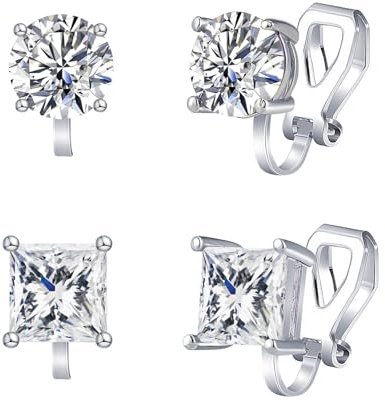 QUKE 2 Pairs Clip On Stud Earrings 7MM Cubic Zirconia Crystal Clip On Stud Non Pierced Earrings For Women Girls