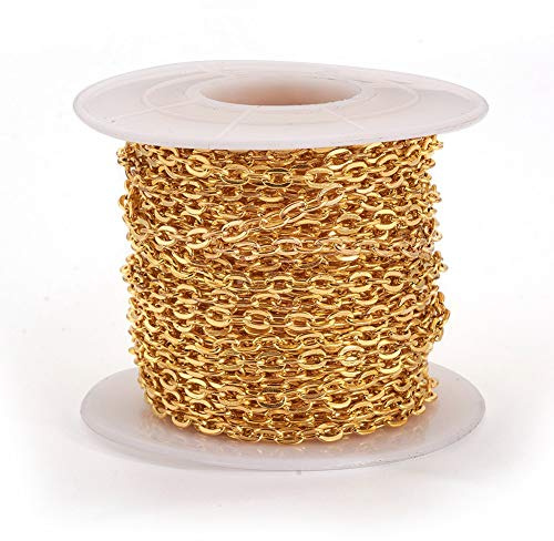 Beadthoven 10 m/32,8 fot gyllene järnkorskedjor 4,1 x 3 mm osvetsad platt ovala vridna metallkedjor länkar med spole för gör-det-själv smycken armband halsbandstillverkning