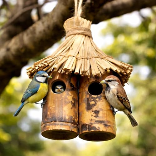 Garden Mile Bird Nesting House Natural Bamboo Tiki Style Predator Proof Bird Bird House Traditional Wooden Hanging Hut Unique Decorative Nest Boxes For Wild Birds With Straw Roof