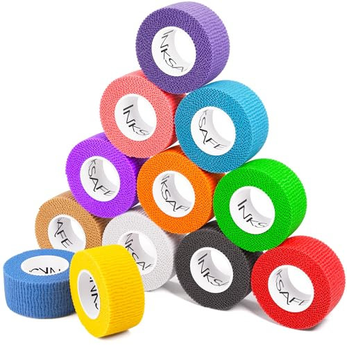 Inksafe Assorted Self Adherent Cohesive Bandages 2.5cm x 4.5m Box of 12 - Uses Include Vet Wrap, Tape for Wrist and Ankle Sprains, Finger and Thumb Tape,