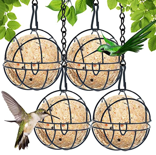Comedero para Pájaros, 4 Piezas Bolas de Grasa, Alimentador Colgante para Pájaros Salvajes y Pequeños, Jardín y Balcón