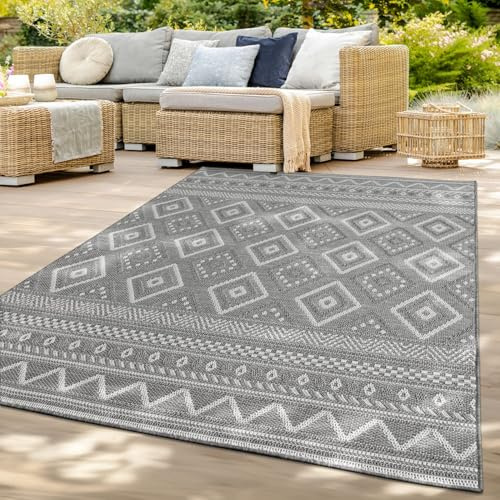 TT Home In-& Outdoor Teppich Wetterfest Balkon Küche Wohnzimmer Boho Rauten Design, Farbe: Grau 2, Größe:80x150 cm