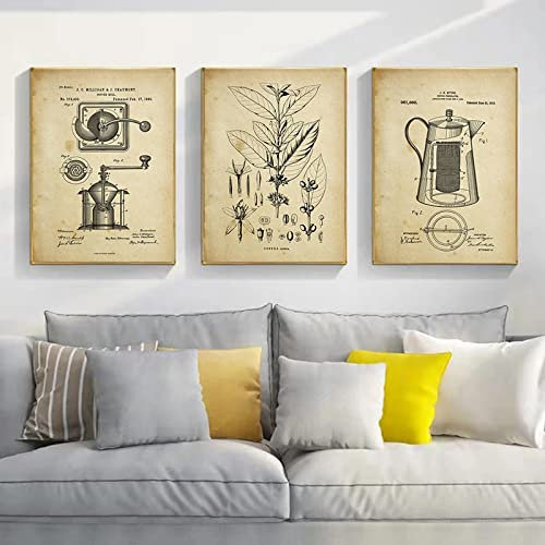 Konstaffisch Kaffeväxt Perkolatorkvarn Bar Restaurang Dekoration Kök Canvas Målning Tryck Konst Bilddekoration19,6x 27,5(50x70cm)x3 Ingen ram