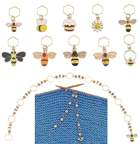 BENECREAT 11Pcs Acrylic Number Knitting Row Counter Chains and Bees, Honey Pot, Daisy Enamel Charm Locking Stitch Marker Charms with Hexagon Ring for Knitting Weaving Sewing Accessories